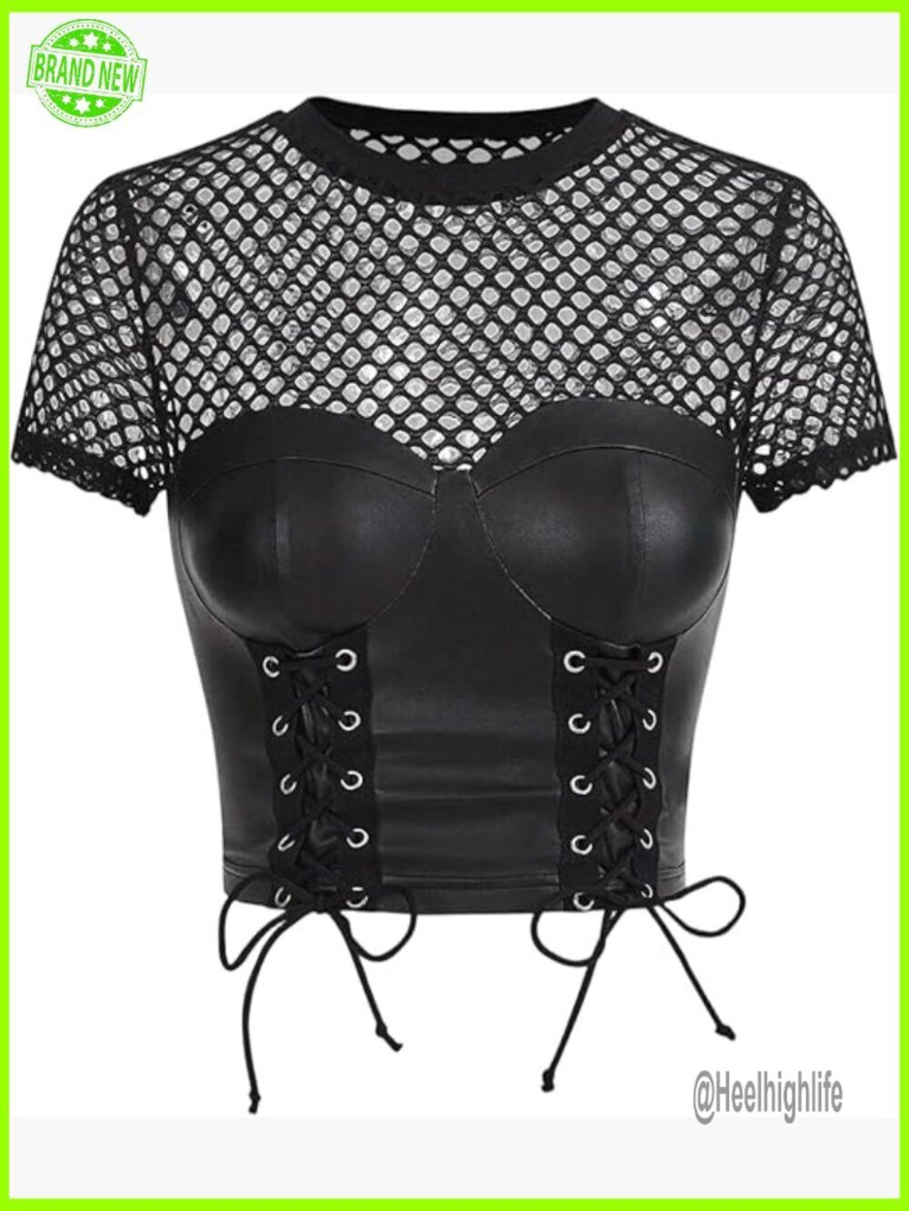 Y2K Fishnet Mesh PU Leather Lace Up Sheer Top Goth Punk